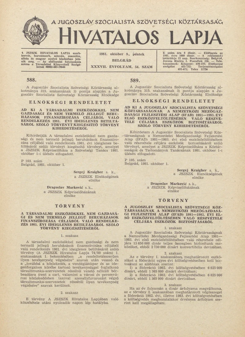 A Jugoszláv Szocialista Szövetségi Köztársaság Hivatalos Lapja, 37. évf. 1981. október 9. 54. sz. 1465–1472. oldal