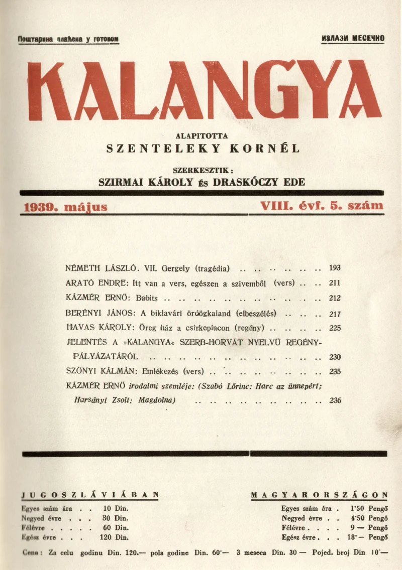 Kalangya, 8. évf. 1939. május. 5. sz. 193–240. oldal
