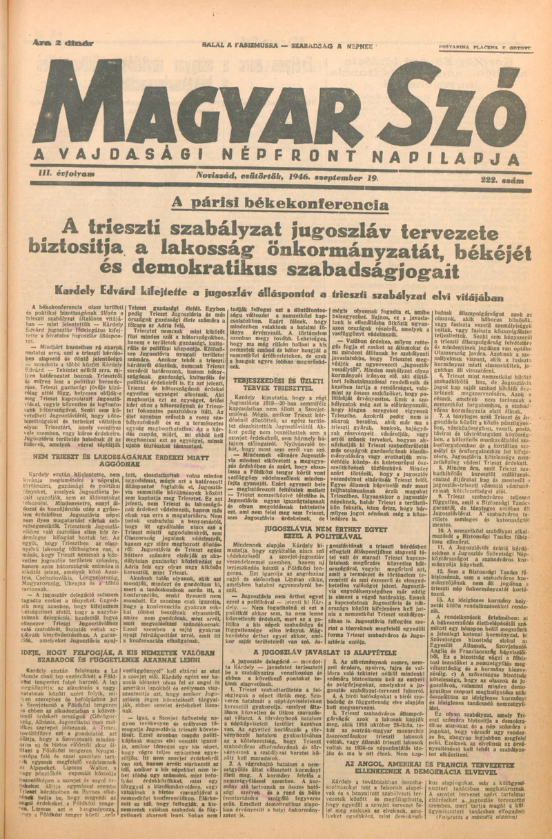 Magyar Szó, 3. évf. 1946. szeptember 19. 222. sz. 1–6. oldal