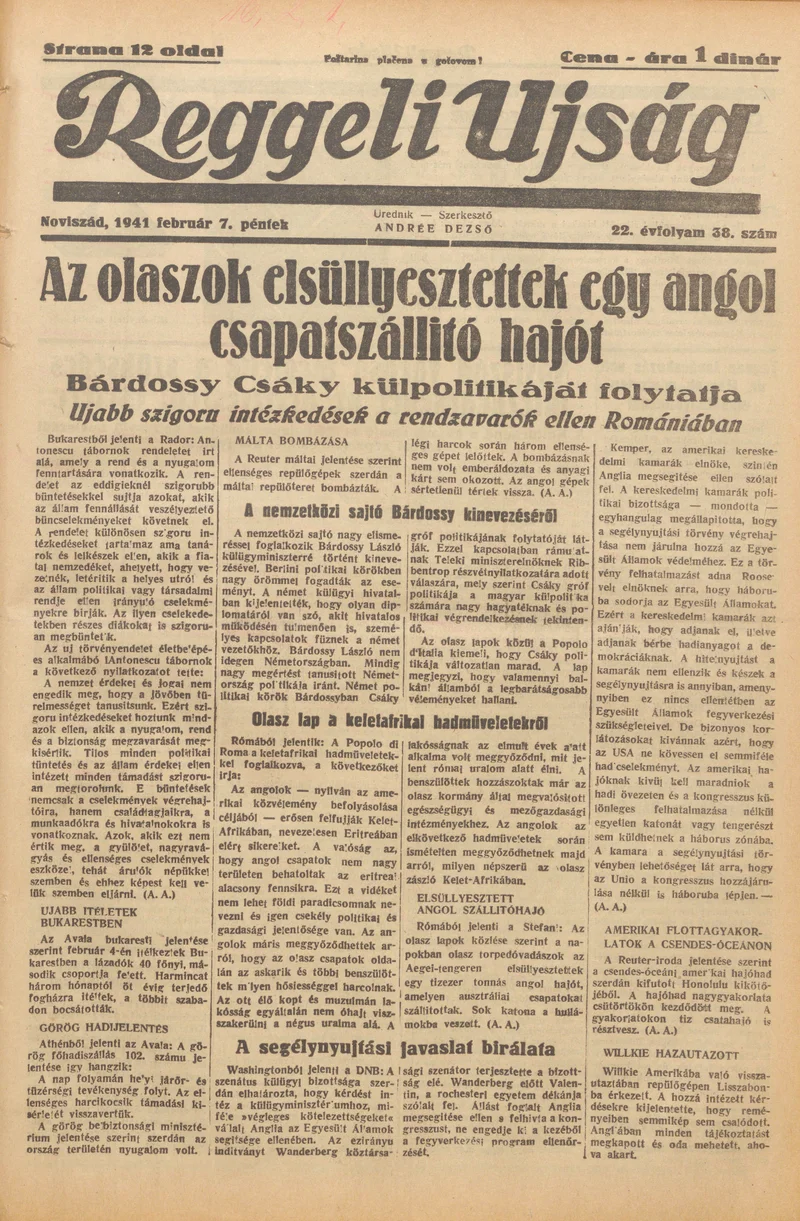 Reggeli Újság, 22. évf. 1941. február 7. 38. sz.