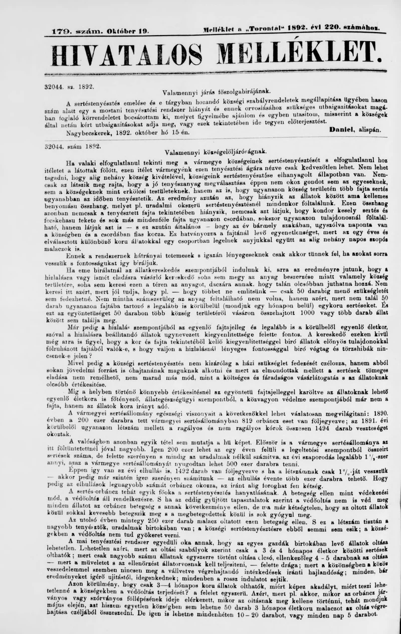 A Totontál  hivatalos melléklete, 5. évf. 1892. október 19. 179. sz.
