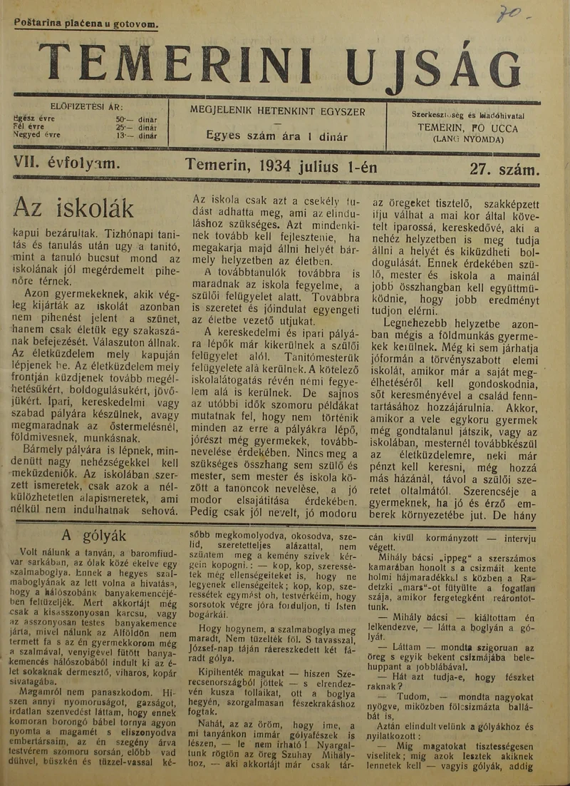 Temerini Újság 1928-1944, 7. évf. 1934. július 1. 27. sz.