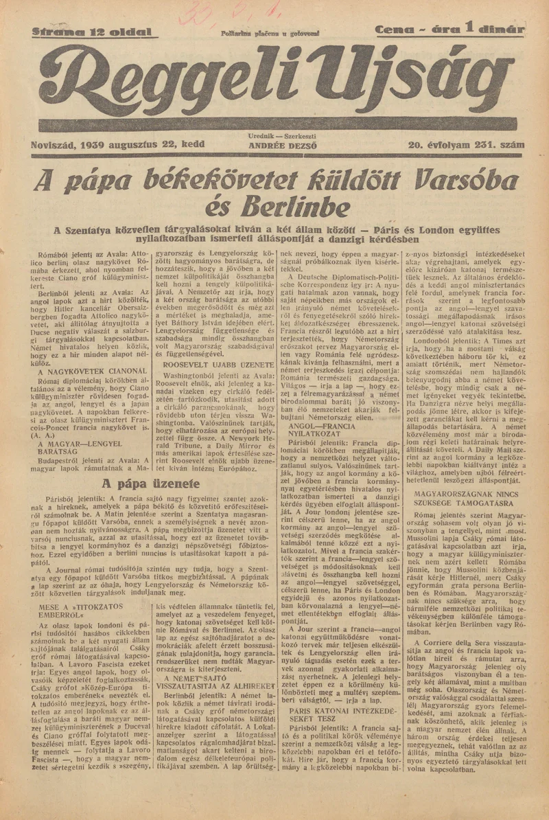 Reggeli Újság, 20. évf. 1939. augusztus 22. 231. sz.