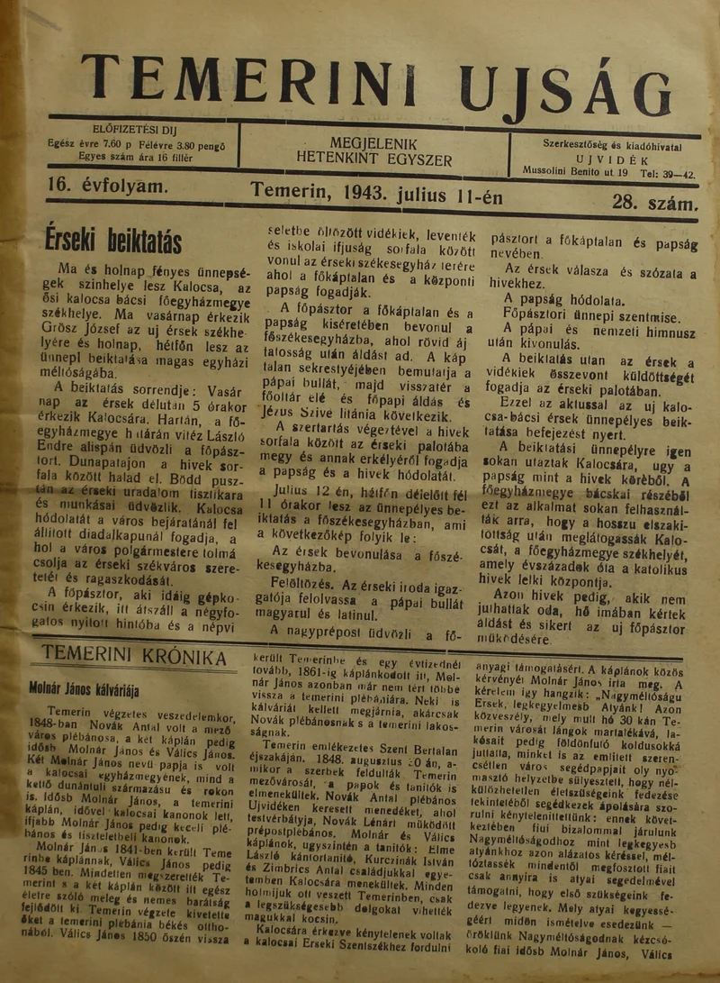 Temerini Újság 1928-1944, 16. évf. 1943. július 11. 28. sz.