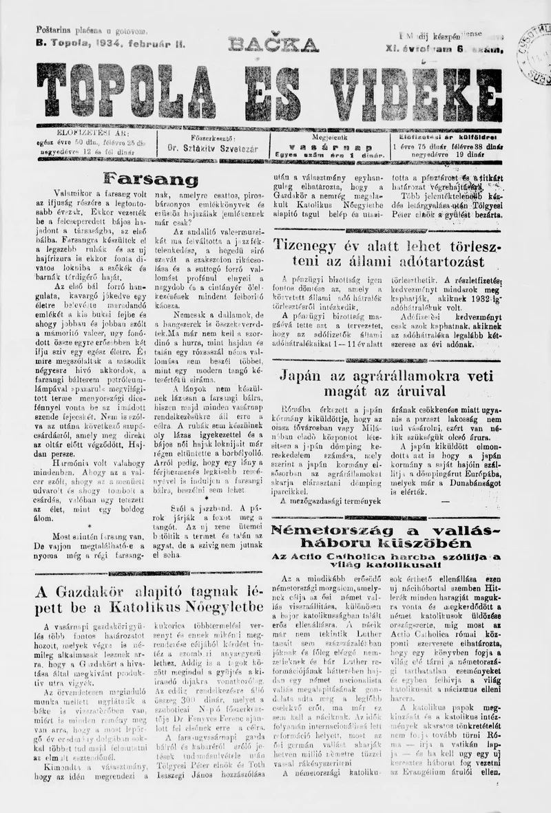 Bačka Topola és Vidéke, 11. évf. 1934. február 11. 6. sz.