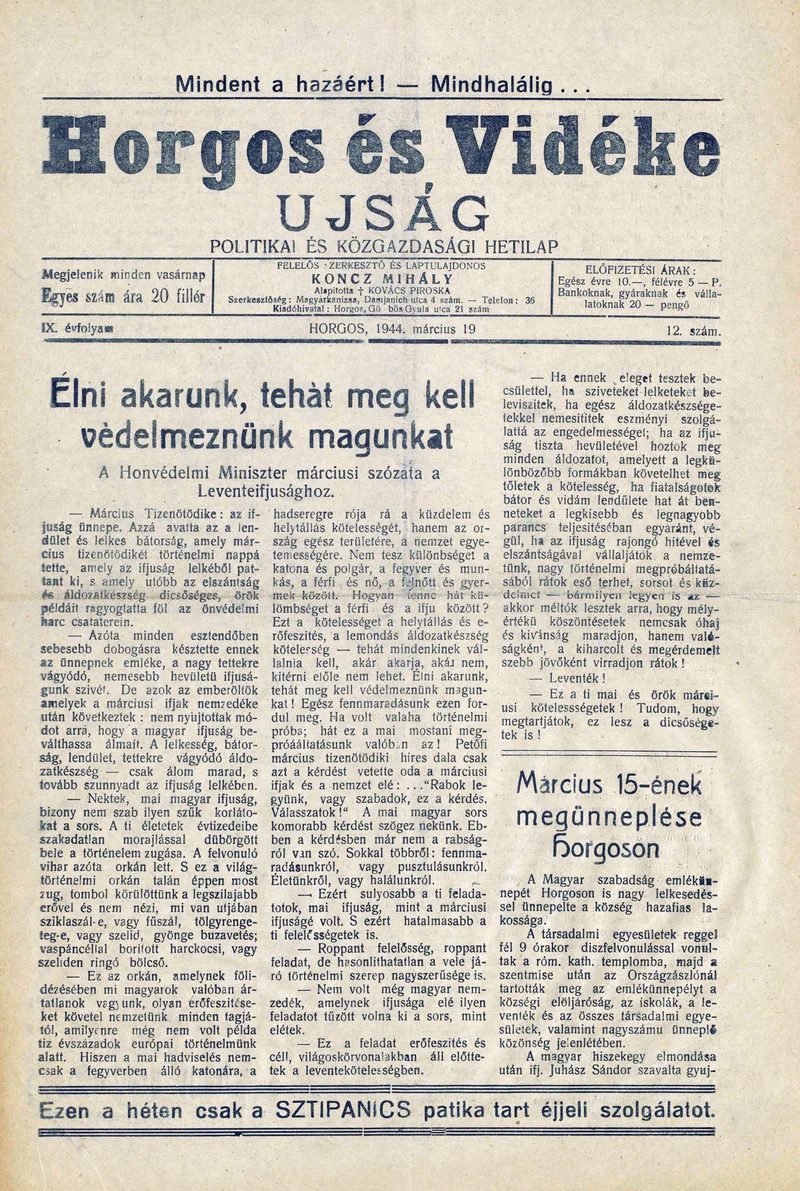 Horgos és vidéke, 9. évf. 1944. március 19. 12. sz.