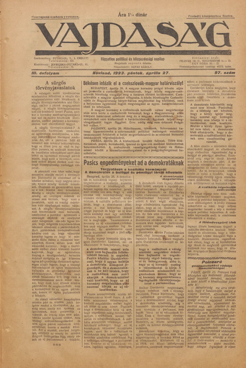 Vajdaság, 3. évf. 1923. április 27. 97. sz.