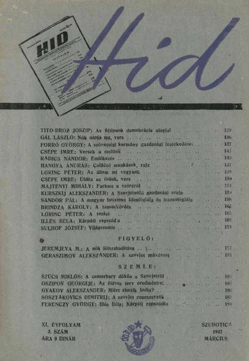 Híd, 11. évf. 1947. március. 3. sz. 129–192. oldal