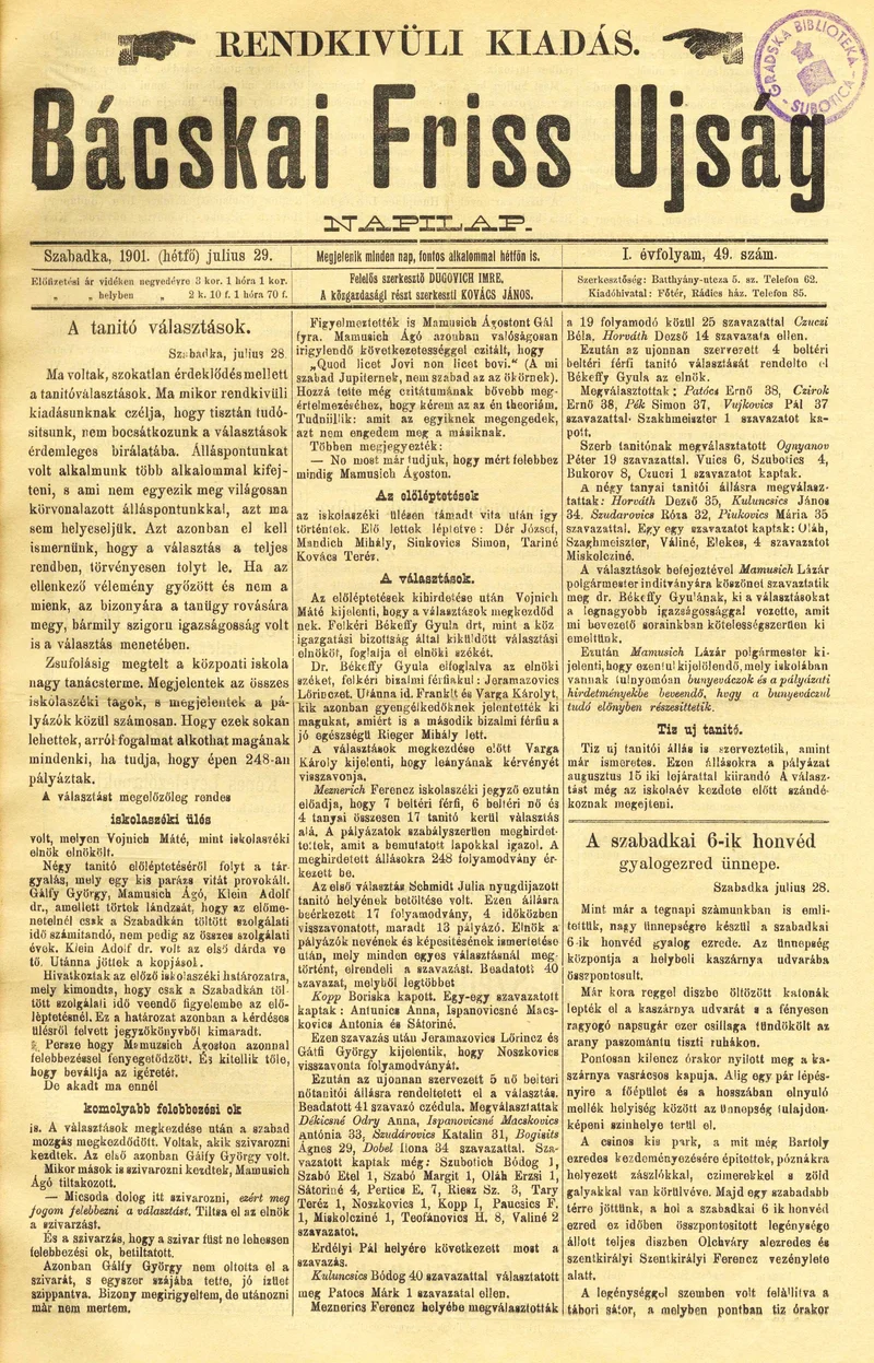 Bácskai Friss Ujság, 1. évf. 1901. július 29. 49. sz.