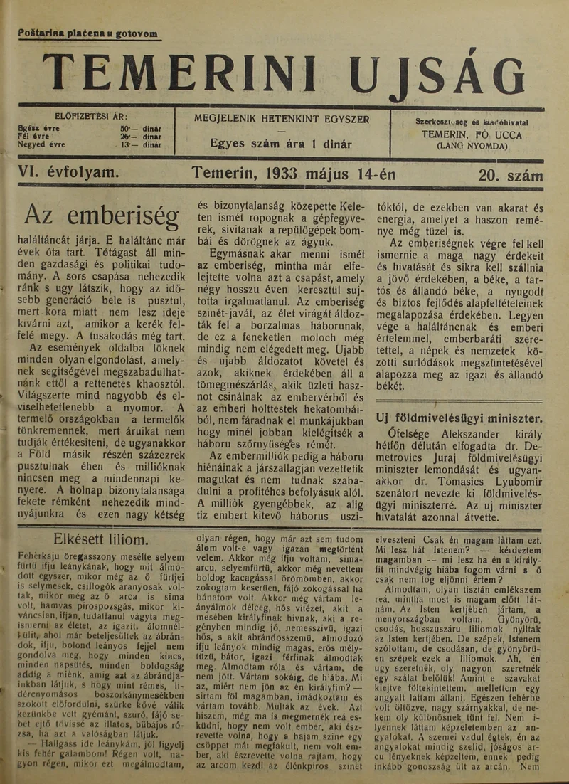 Temerini Újság 1928-1944, 6. évf. 1933. május 14. 20. sz.