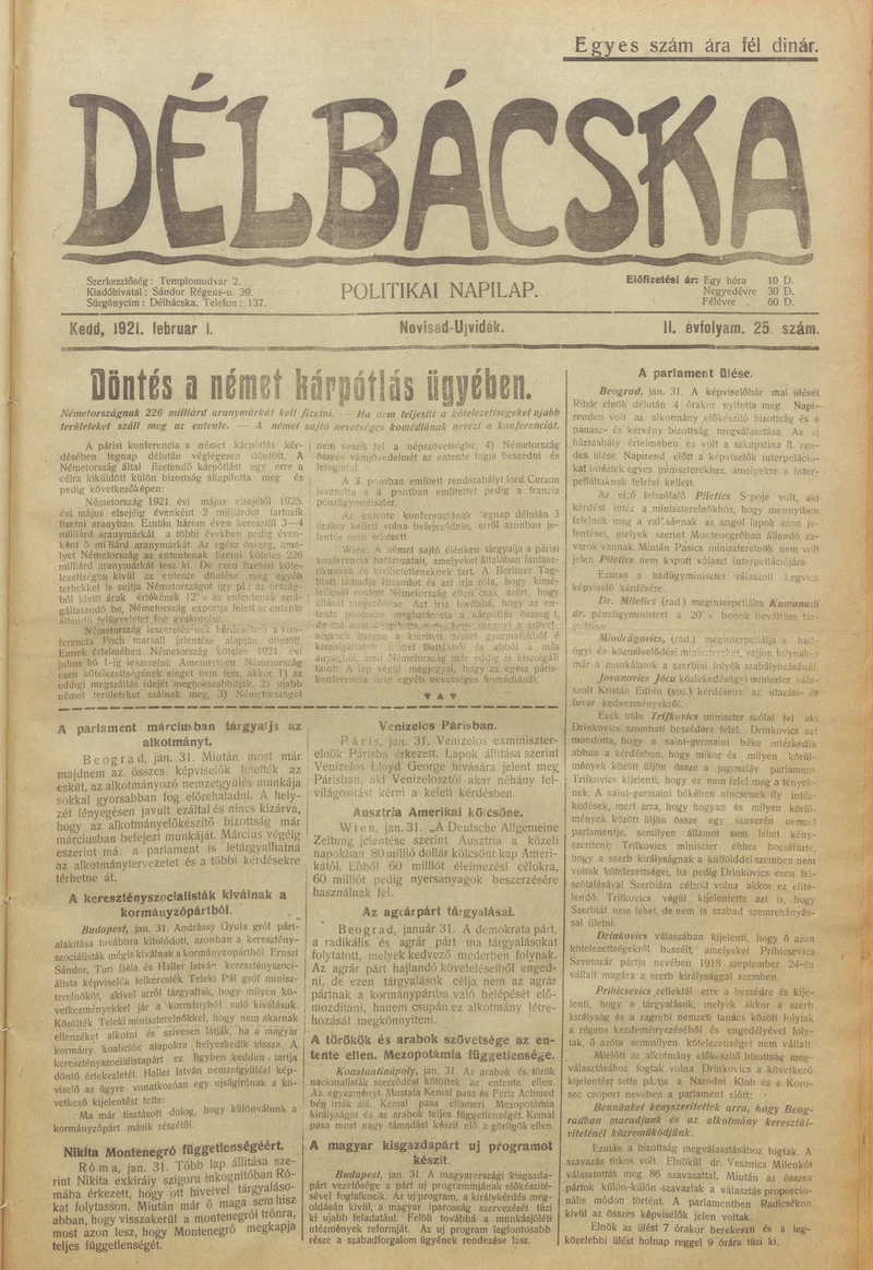 Délbácska, 2. évf. 1921. február 1. 25. sz.