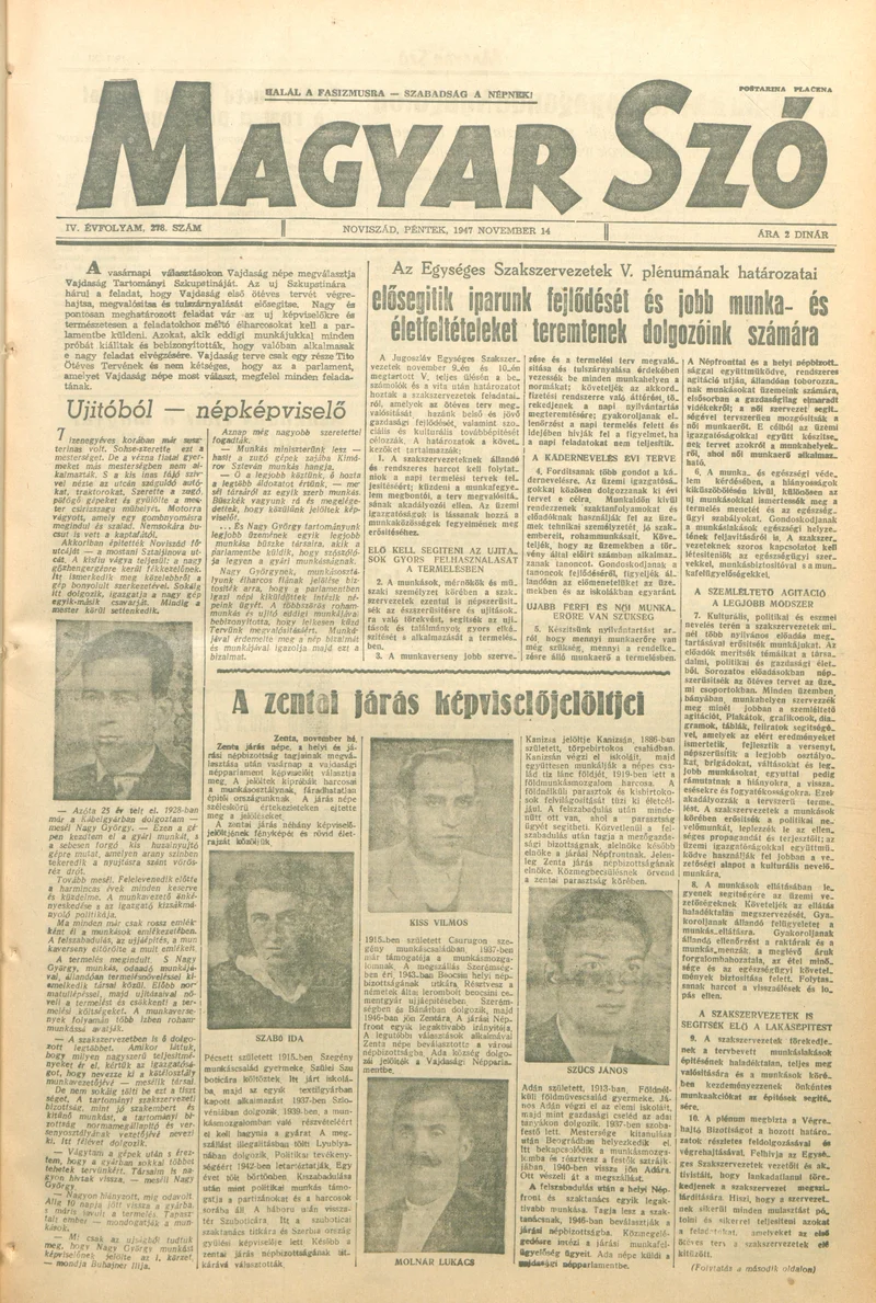 Magyar Szó, 4. évf. 1947. november 14. 278. sz. 1–6. oldal