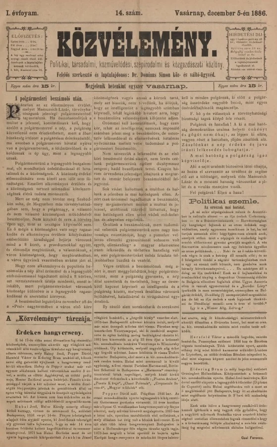 Közvélemény, 1. évf. 1886. december 5. 14. sz.