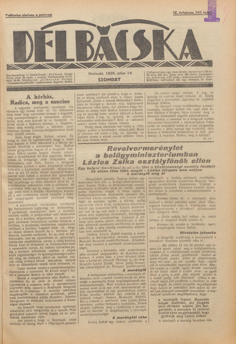 Délbácska, 9. évf. 1928. július 14. 161. sz.
