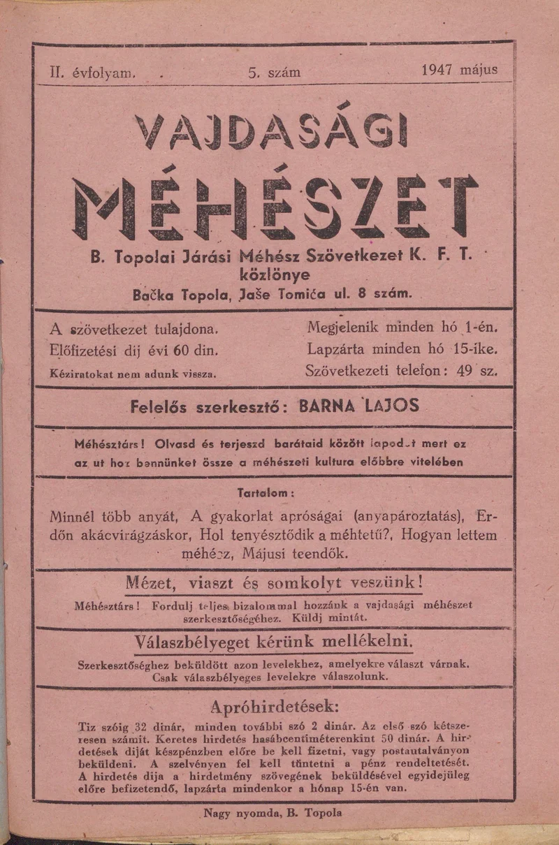 Vajdasági méhészet Bácska Topolya, 2. évf. 1947. május 1. 5. sz.