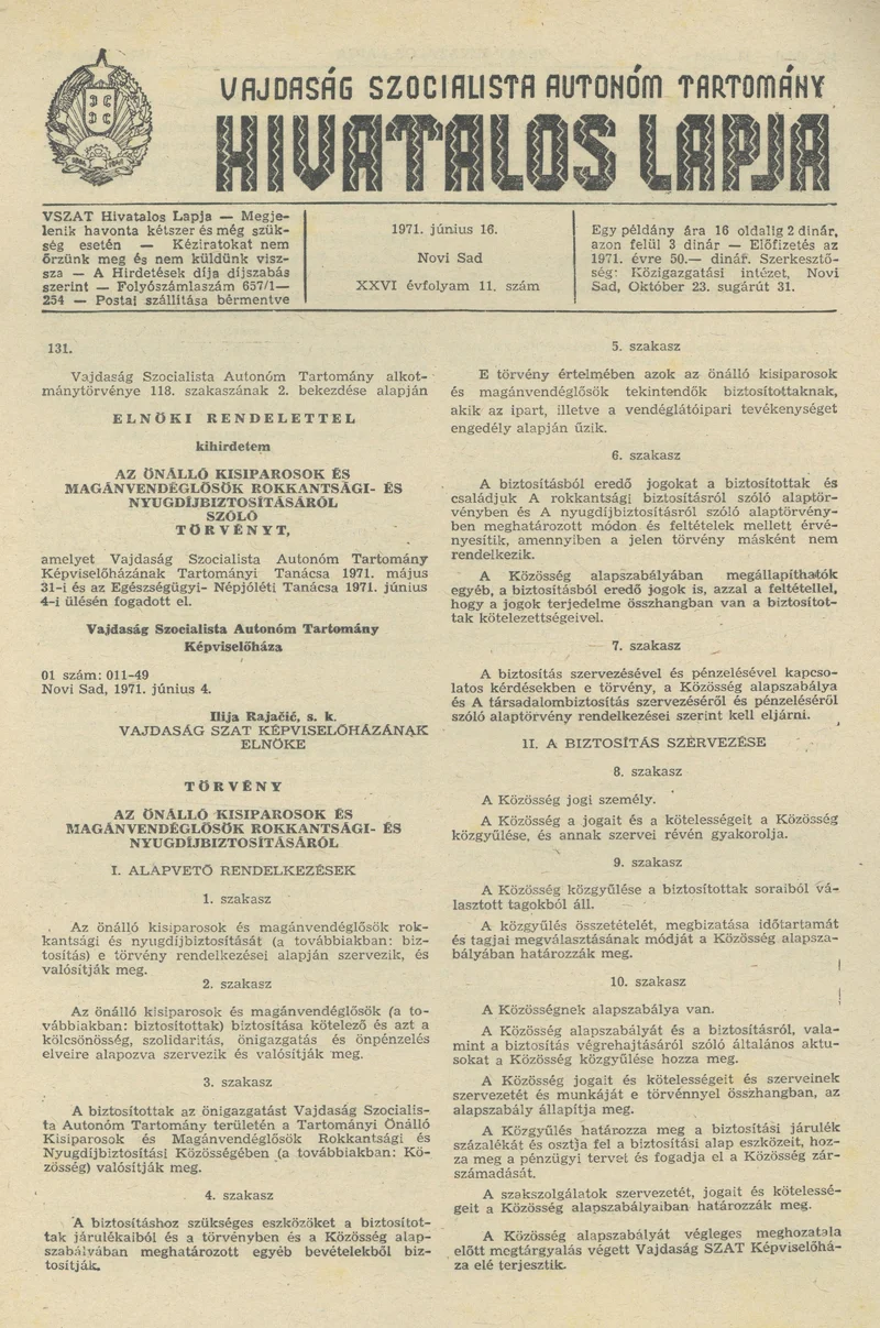 Vajdaság Szocialista Autonóm Tartomány Hivatalos Lapja, 27. évf. 1971. június 16. 11. sz. 181–184. oldal