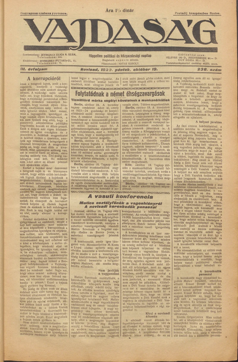 Vajdaság, 3. évf. 1923. október 19. 238. sz.