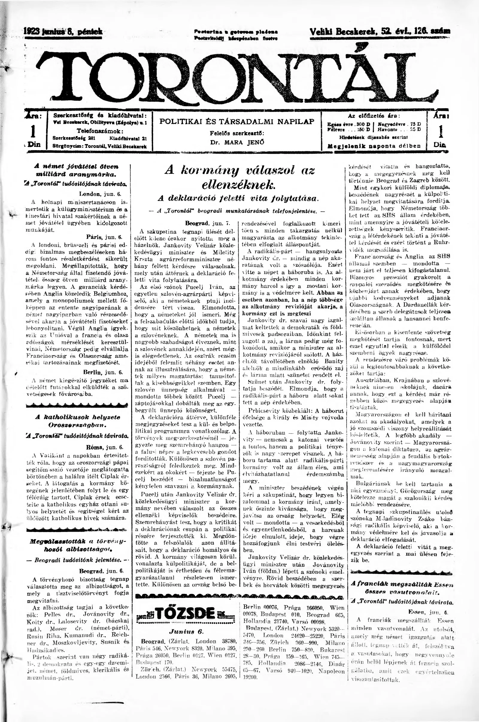 Torontál, 52. évf. 1923. június 8. 126. sz.