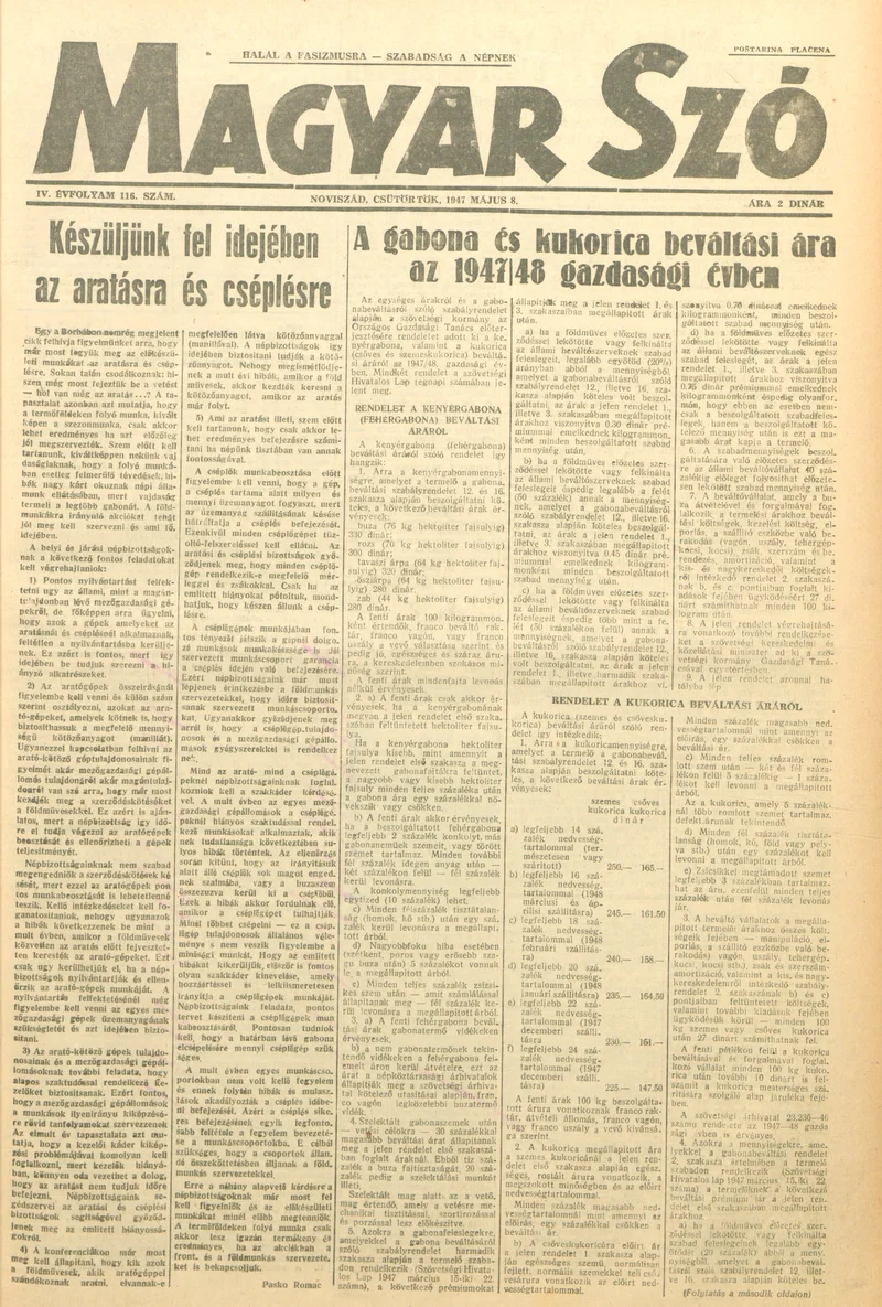 Magyar Szó, 4. évf. 1947. május 8. 116. sz. 1–6. oldal