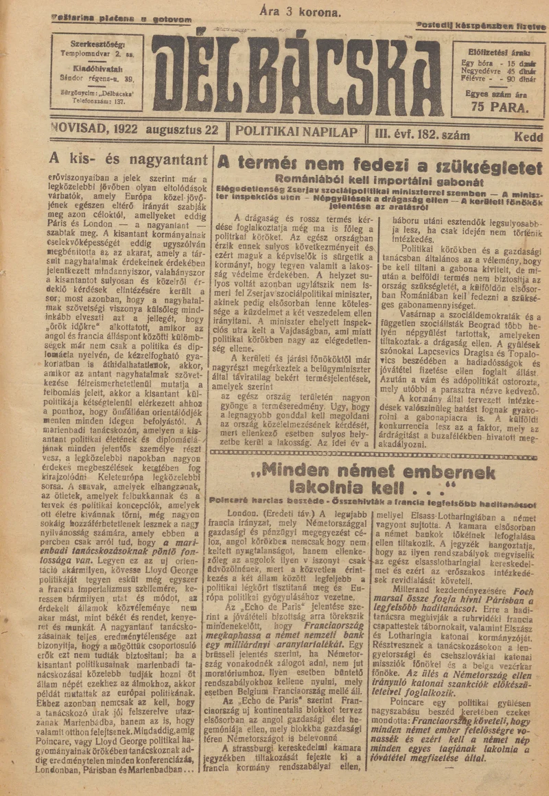 Délbácska, 3. évf. 1922. augusztus 22. 182. sz.