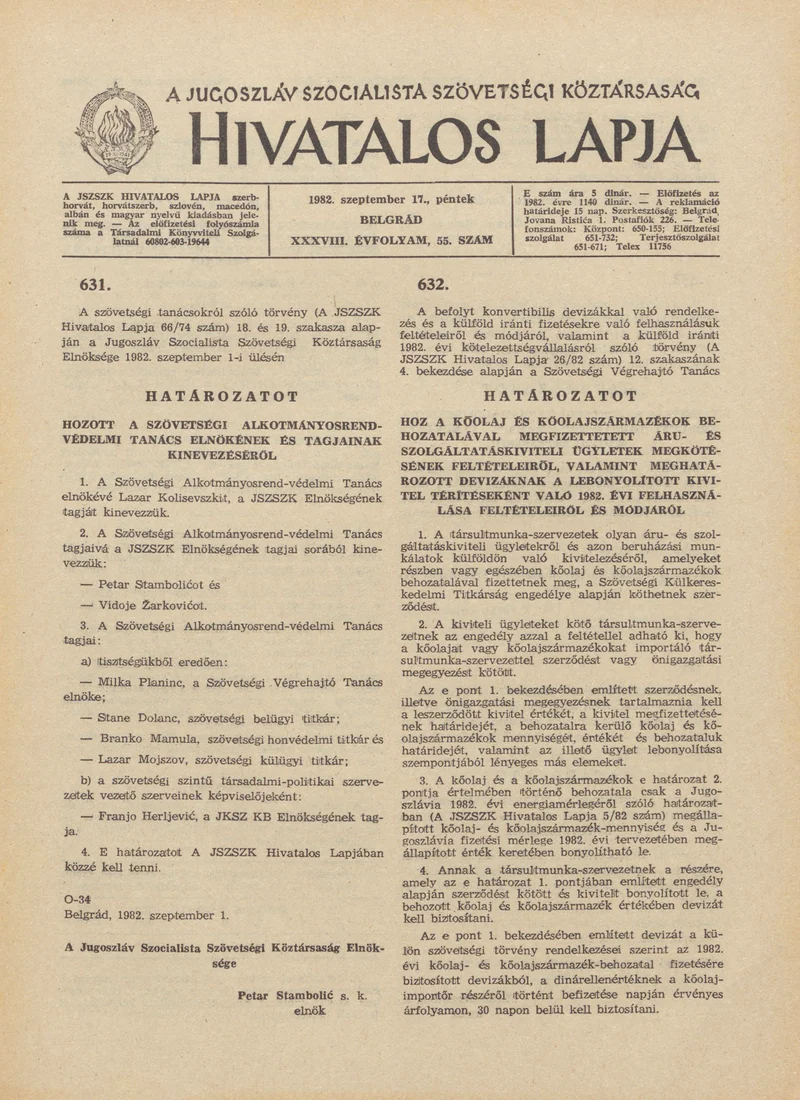 A Jugoszláv Szocialista Szövetségi Köztársaság Hivatalos Lapja, 38. évf. 1982. szeptember 17. 55. sz. 1373–1380. oldal
