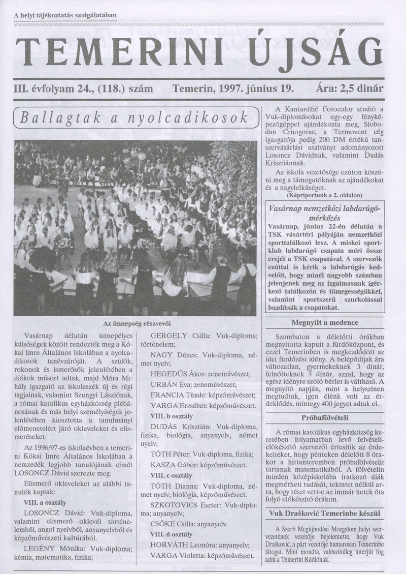 Temerini Újság, 3. évf. 1997. június 19. 24. sz.