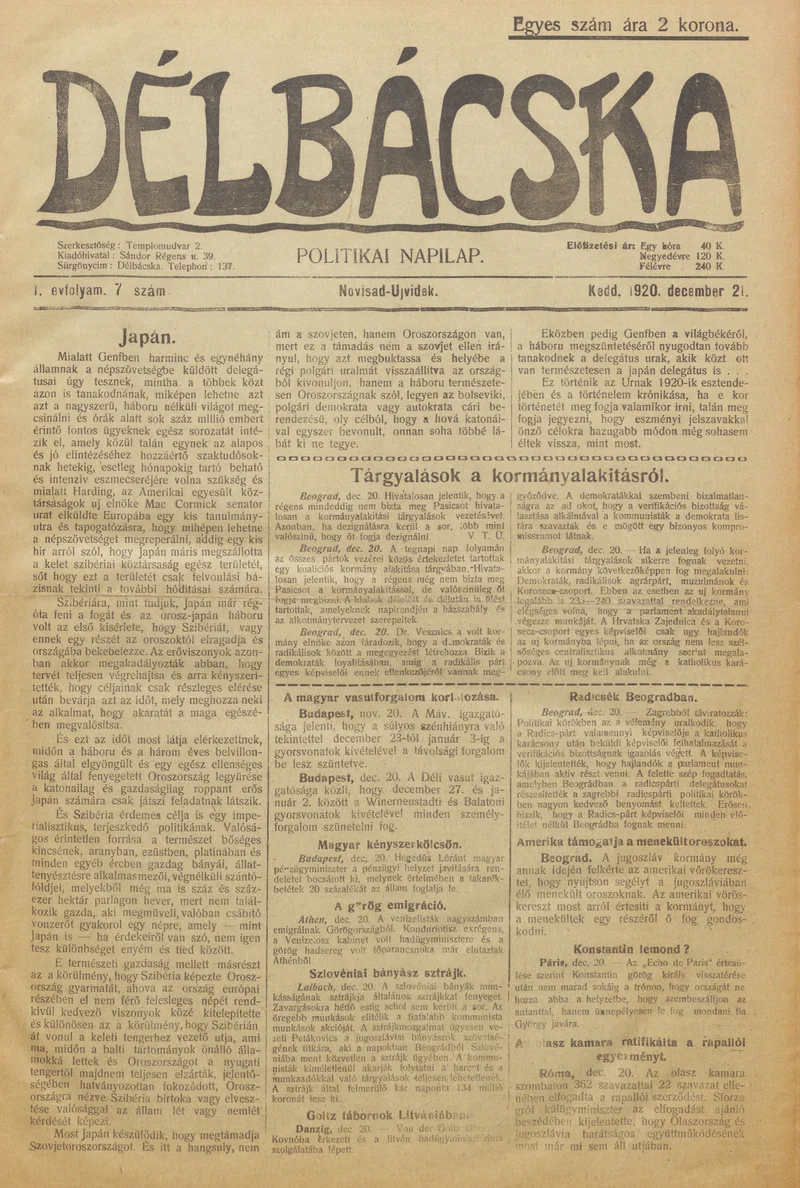 Délbácska, 1. évf. 1920. december 21. 7. sz.