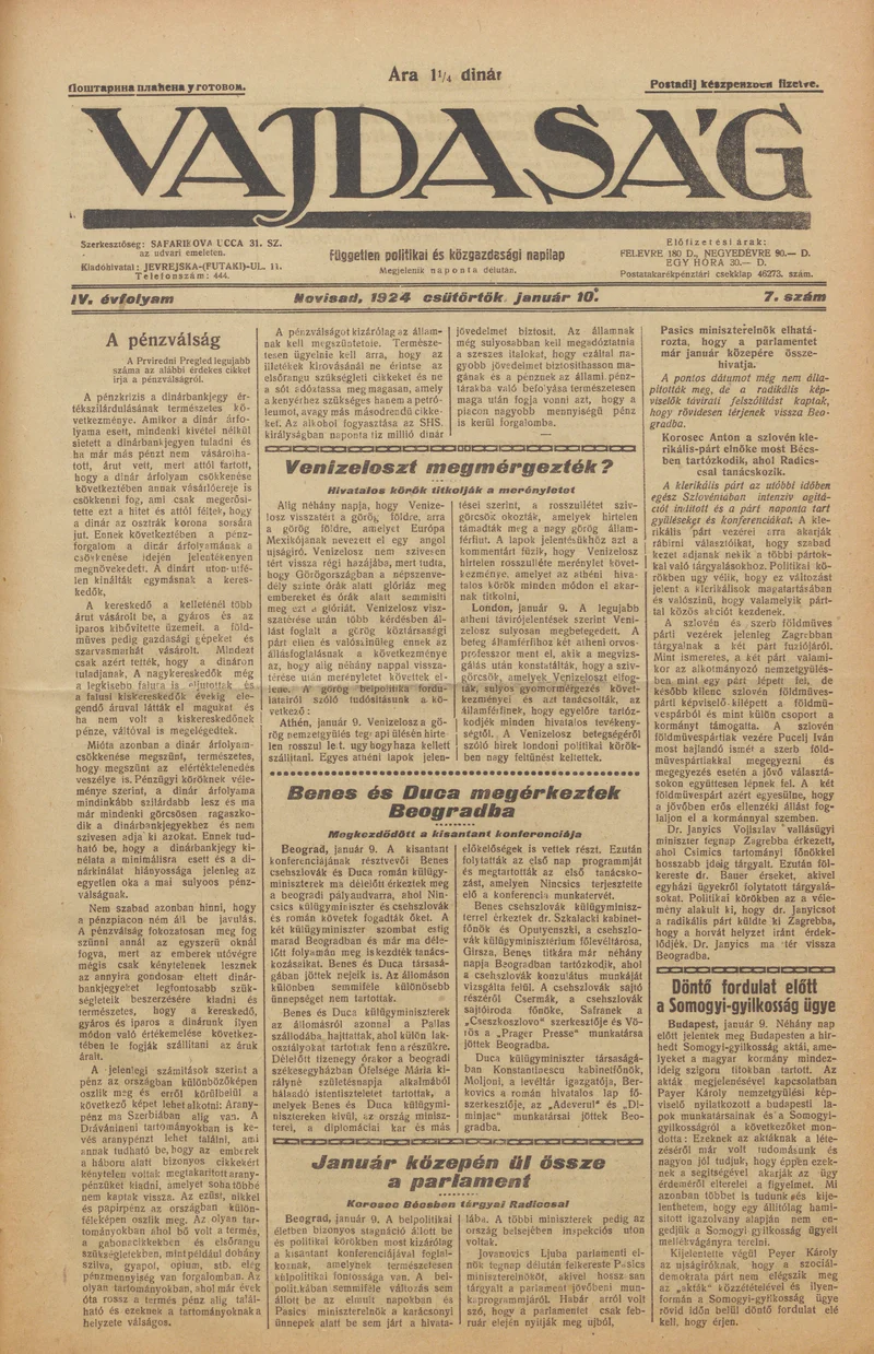 Vajdaság, 4. évf. 1924. január 10. 7. sz.