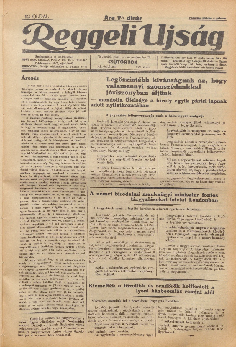 Reggeli Újság, 11. évf. 1930. november 20. 272. sz.