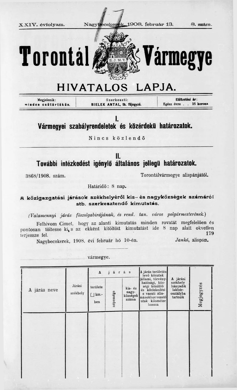 Torontál Vármegye Hivatalos Lapja, 24. évf. 1908. február 13. 8. sz.