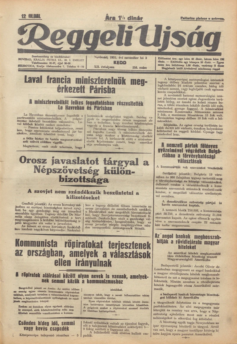 Reggeli Újság, 12. évf. 1931. november 3. 258. sz.