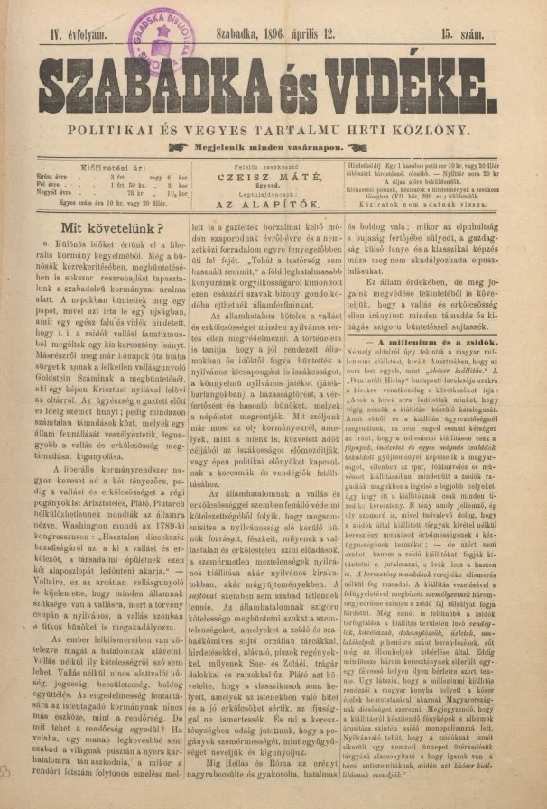 Szabadka és vidéke II, 4. évf. 1896. április 12. 15. sz.