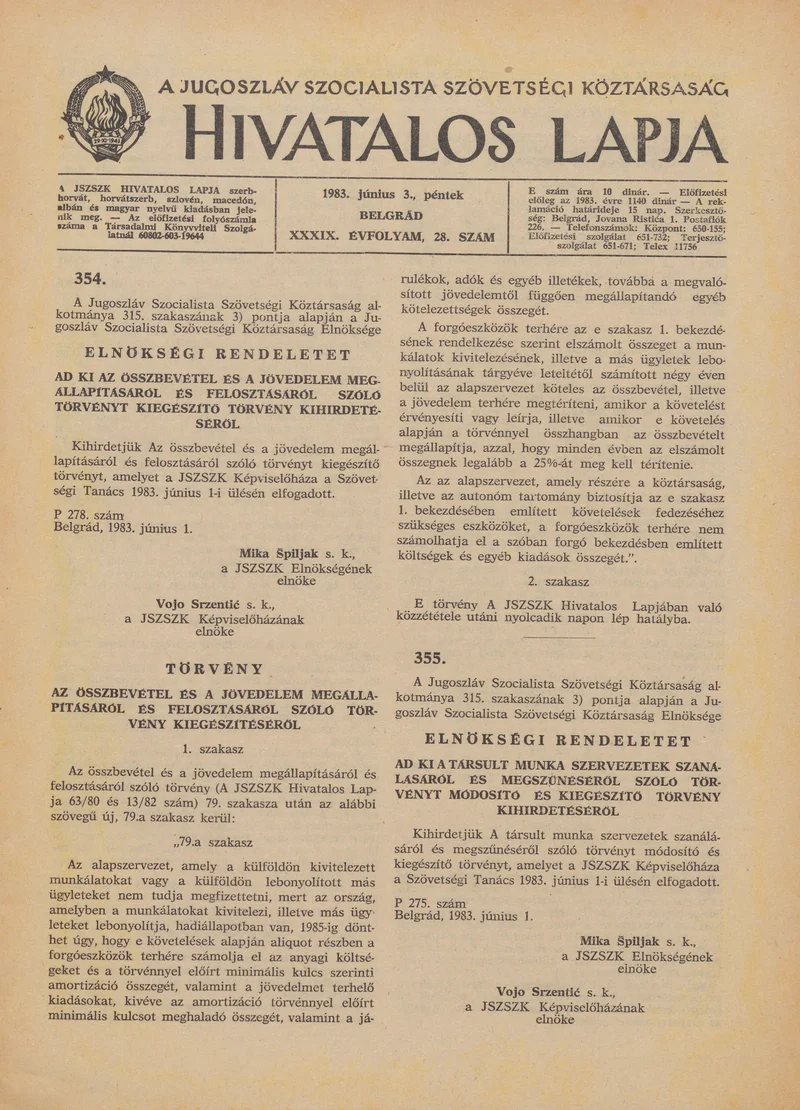 A Jugoszláv Szocialista Szövetségi Köztársaság Hivatalos Lapja, 39. évf. 1983. június 3. 28. sz. 845–860. oldal