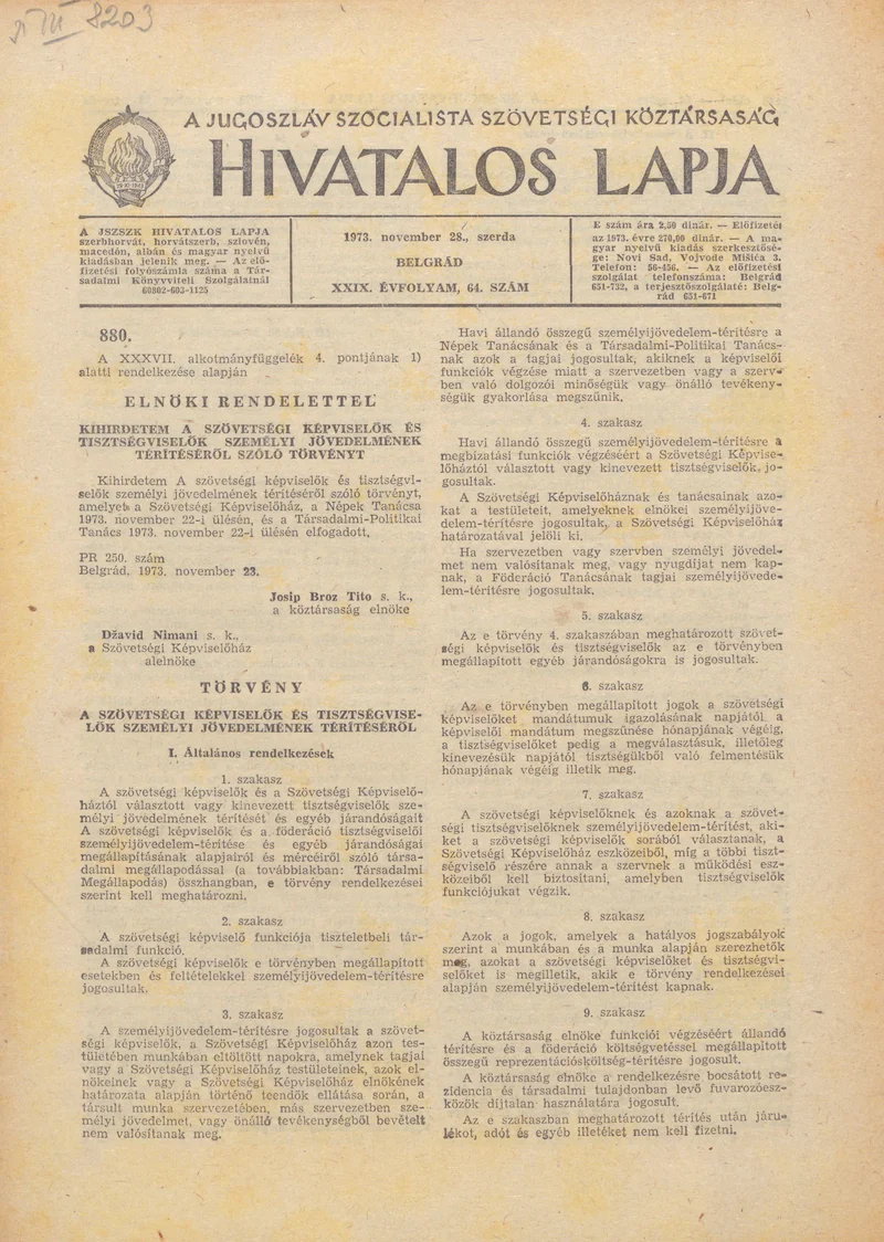 A Jugoszláv Szocialista Szövetségi Köztársaság Hivatalos Lapja, 29. évf. 1973. november 28. 64. sz. 1801–1820. oldal