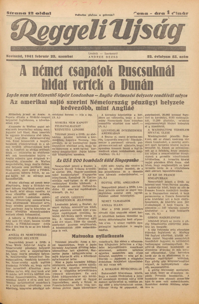 Reggeli Újság, 22. évf. 1941. február 22. 53. sz.