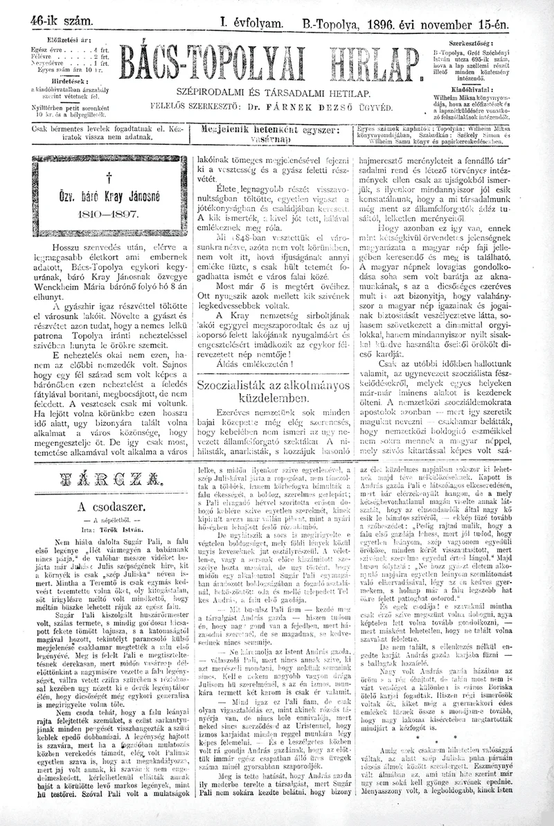 Bács-Topolyai Hirlap, 1. évf. 1896. november 15. 46. sz.