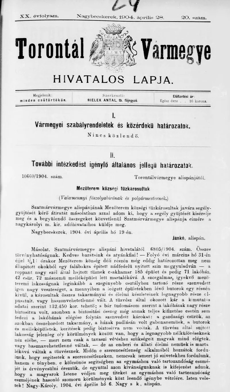 Torontál Vármegye Hivatalos Lapja, 20. évf. 1904. április 28. 20. sz.
