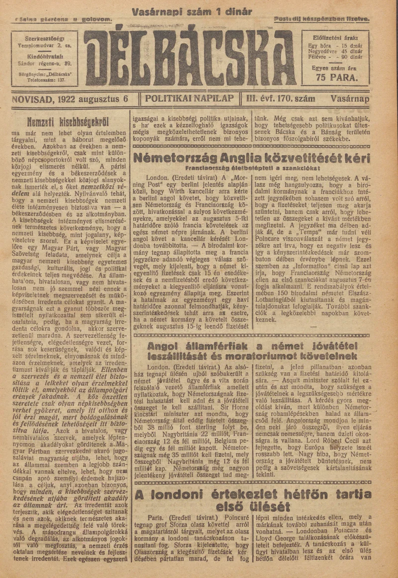 Délbácska, 3. évf. 1922. augusztus 6. 170. sz.