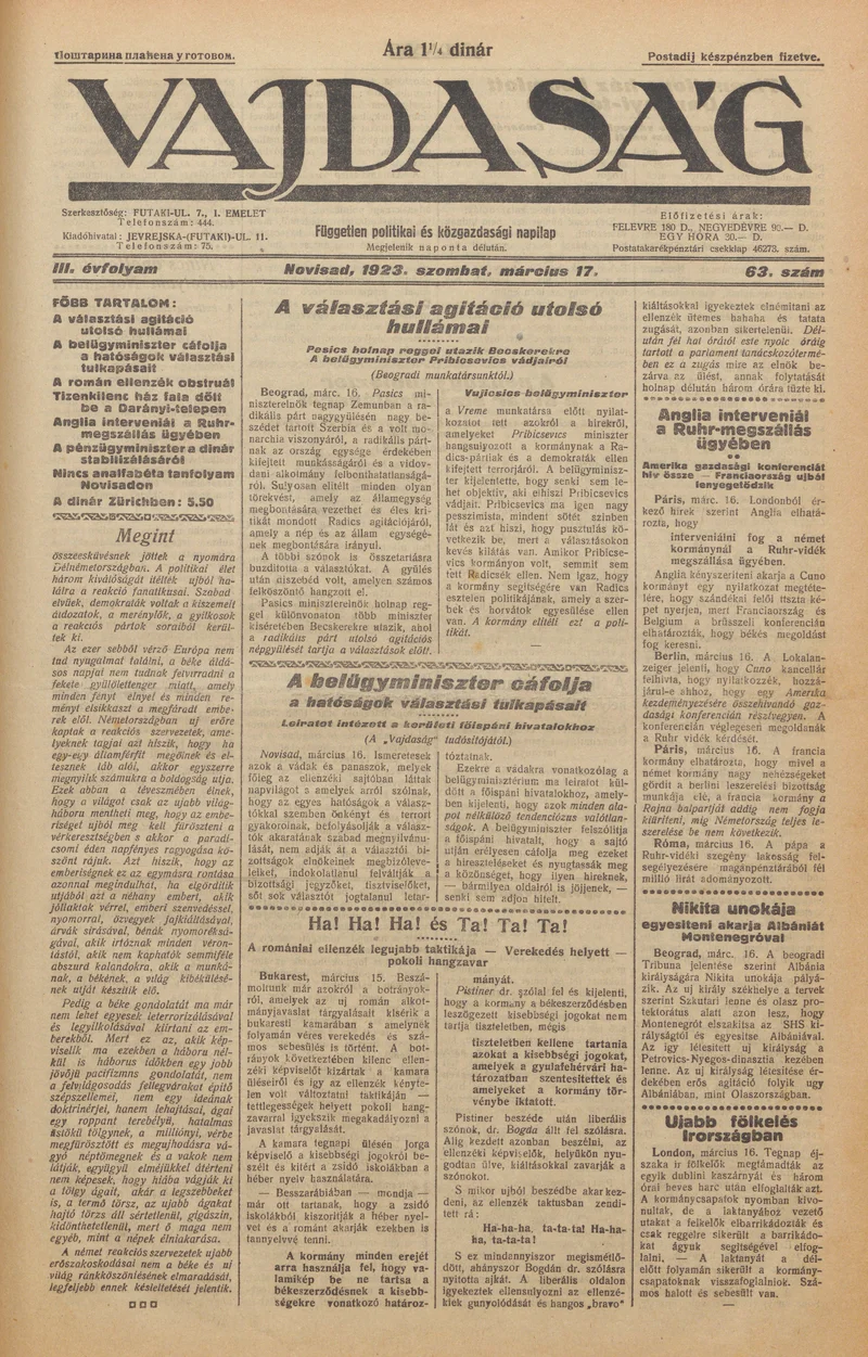 Vajdaság, 3. évf. 1923. március 17. 63. sz.