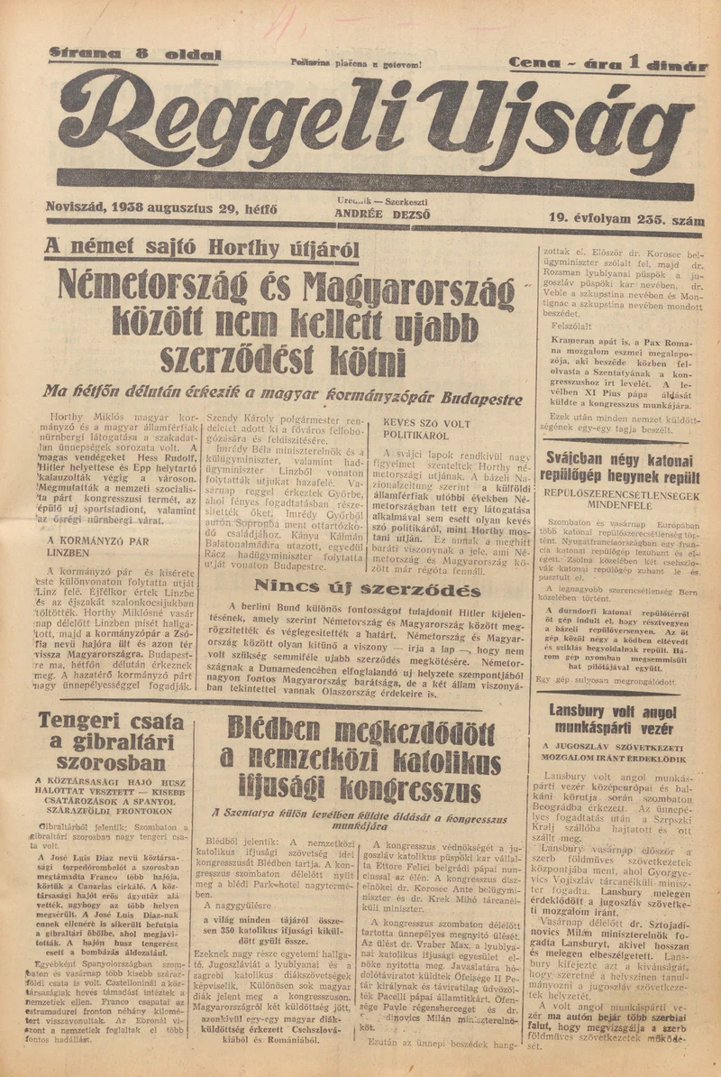 Reggeli Újság, 19. évf. 1938. augusztus 29. 235. sz.