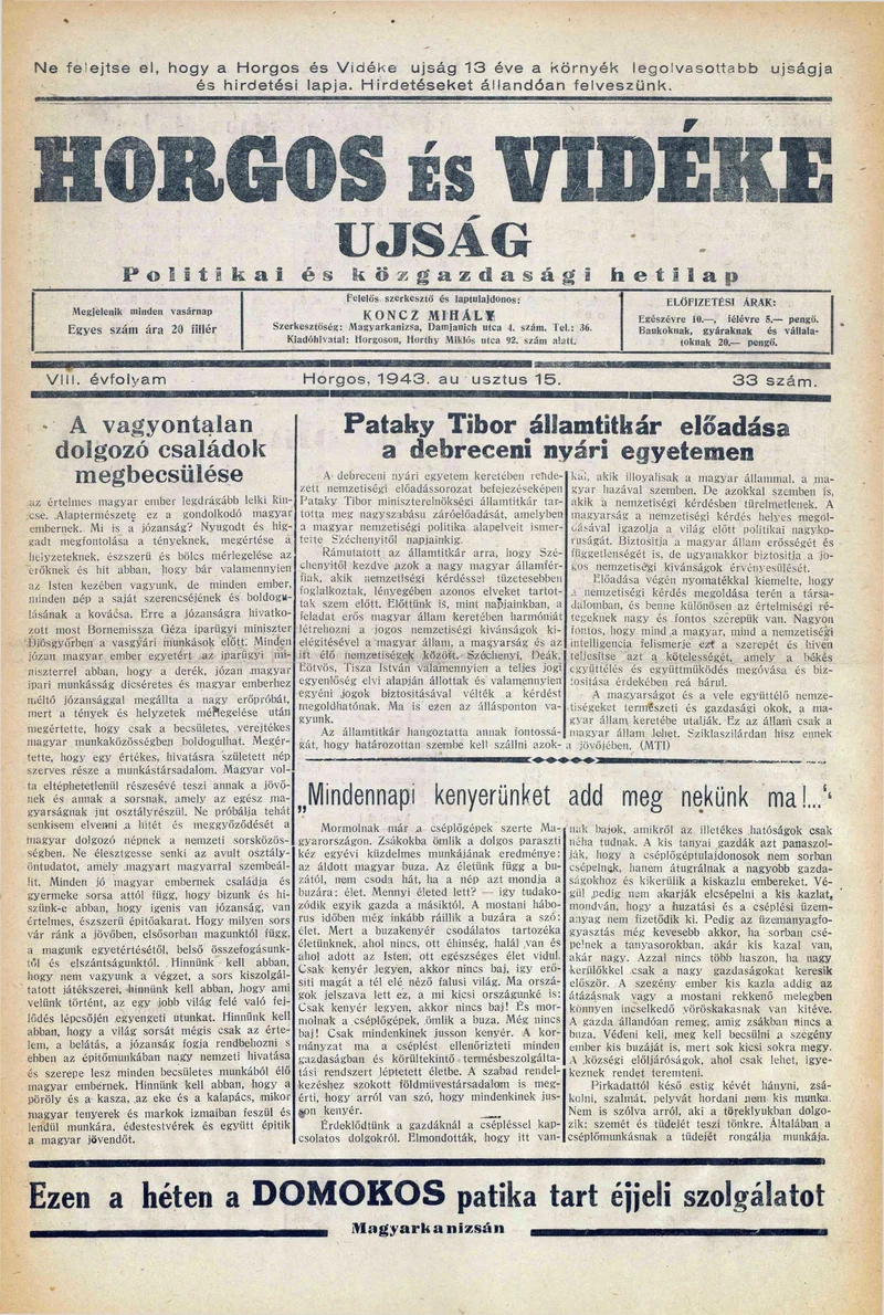 Horgos és vidéke, 8. évf. 1943. augusztus 15. 33. sz.