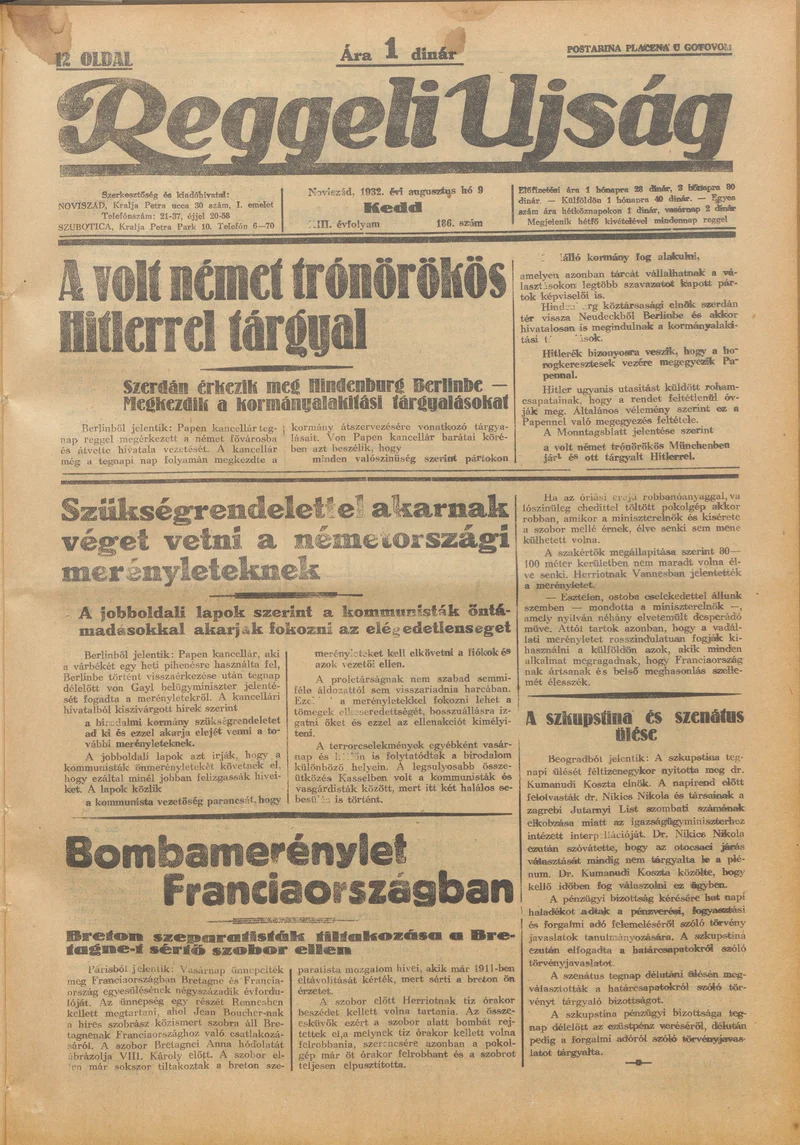 Reggeli Újság, 13. évf. 1930. augusztus 9. 186. sz.