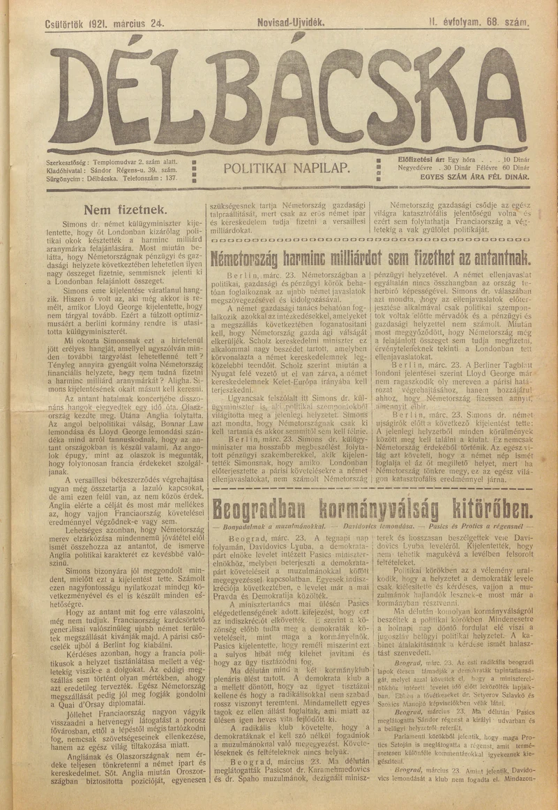 Délbácska, 2. évf. 1921. március 24. 68. sz.