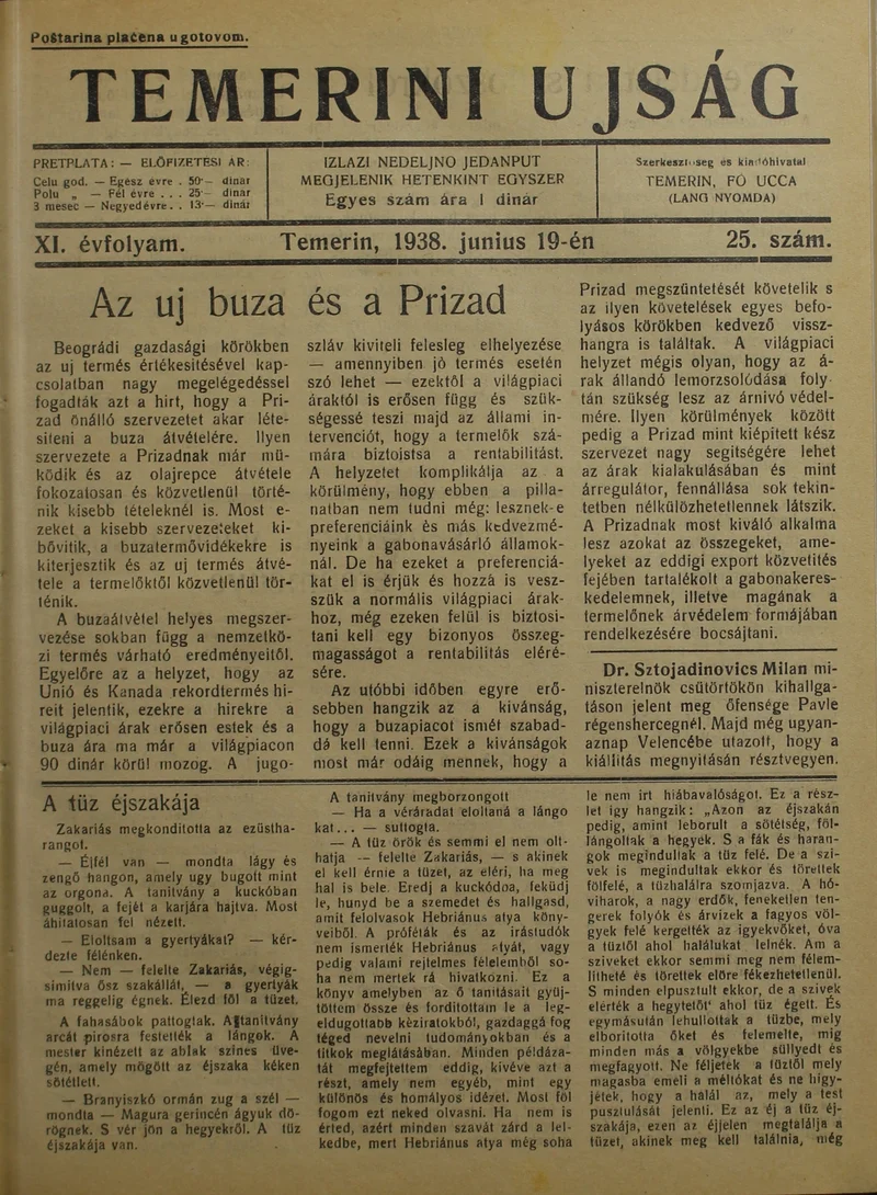 Temerini Újság 1928-1944, 11. évf. 1938. június 19. 25. sz.