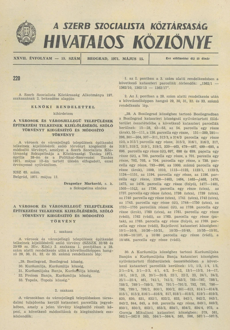 A Szerb Szocialista Köztársaság Hivatalos Közlönye, 27. évf. 1971. május 15. 19. sz. 433–436. oldal