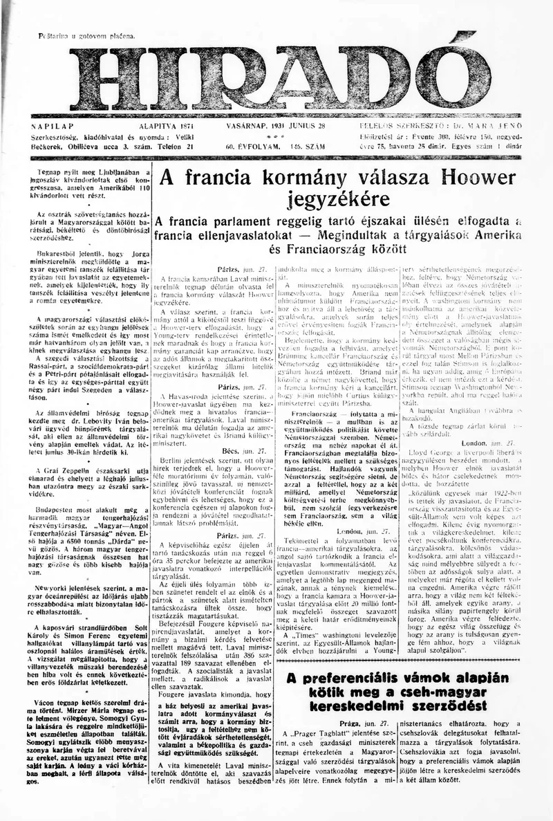 Híradó, 60. évf. 1931. június 28. 146. sz.