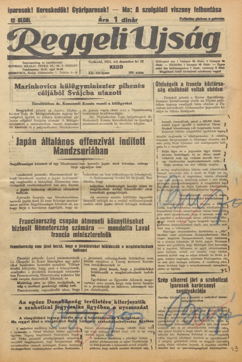 Reggeli Újság, 12. évf. 1931. december 22. 299. sz.