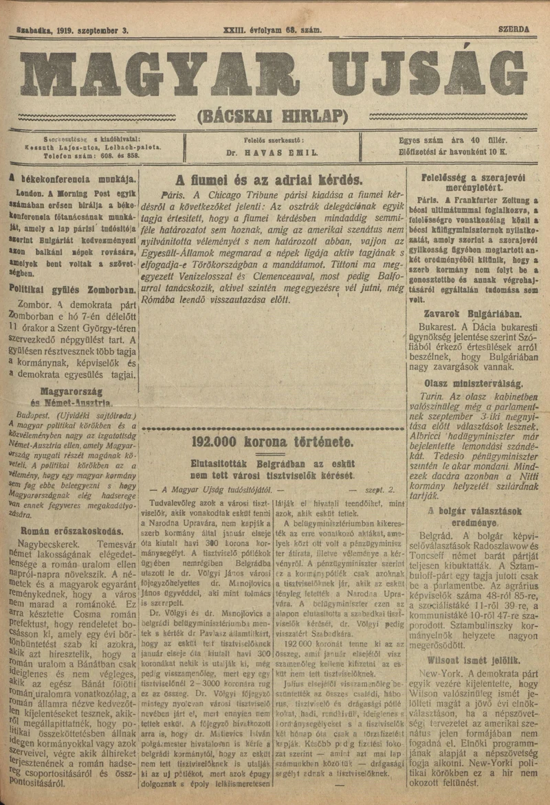 Bácskai Hirlap, 23. évf. 1919. szeptember 3. 68. sz.
