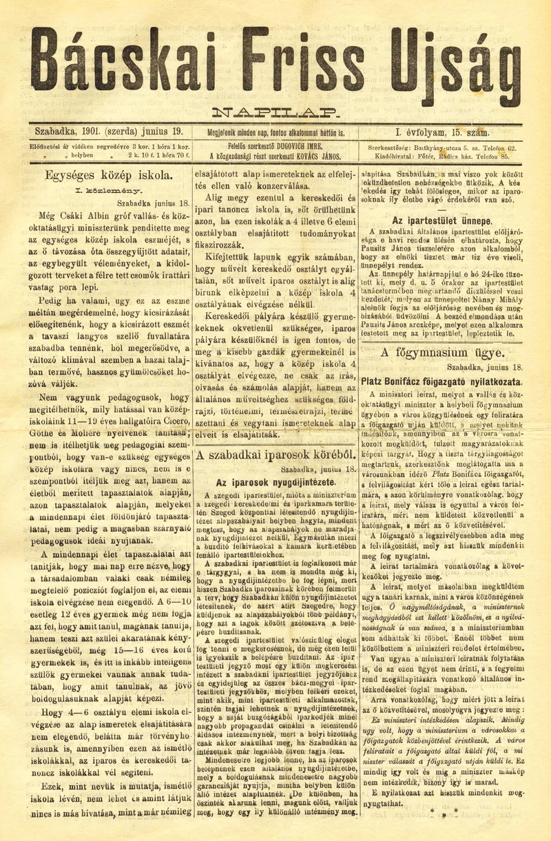 Bácskai Friss Ujság, 1. évf. 1901. június 19. 15. sz.