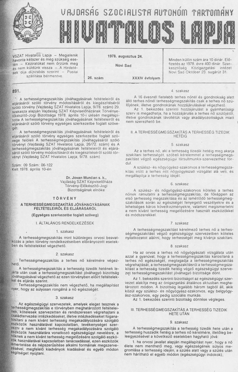 Vajdaság Szocialista Autonóm Tartomány Hivatalos Lapja, 34. évf. 1978. augusztus 24. 26. sz. 1101–1140. oldal